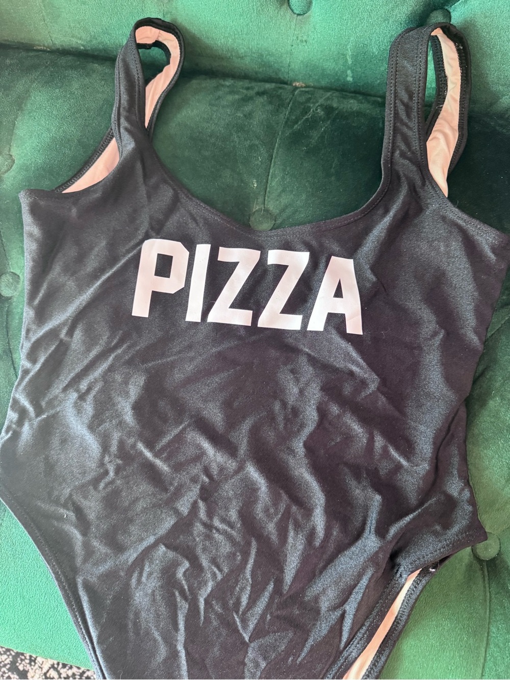 Black One-Piece Swimsuit with PIZZA Graphic